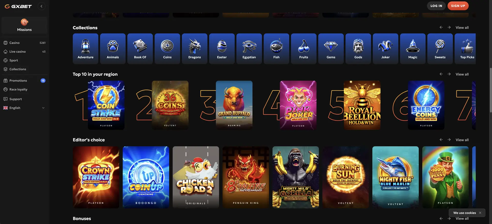 Thematische spelcollecties in de GXBET casinolobby