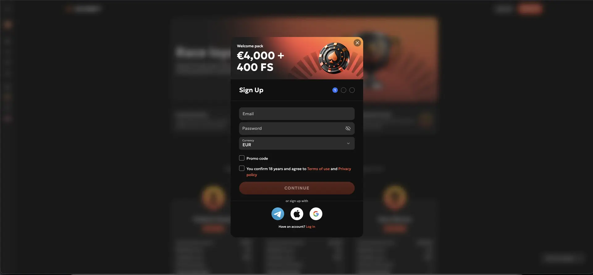 Eerste stap van GXBET registratie met e-mail, wachtwoord en valuta