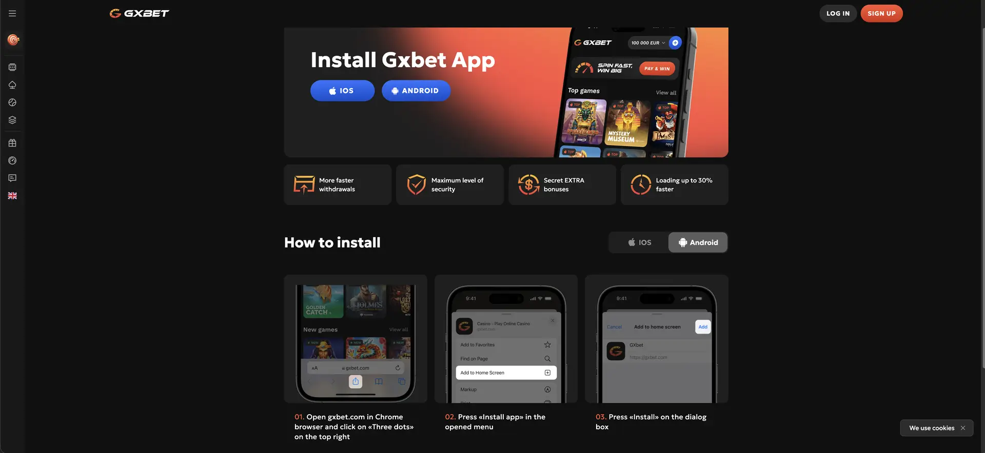 Installatiescherm voor de GXBET webapp op een mobiele telefoon